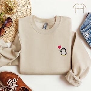 Embroidered Pocket Cute Penguin Crewneck, Funny Penguin Gift, Cute Animal Sweater, Animal Lover Sweatshirt, Cute Penguins Sweatshirt