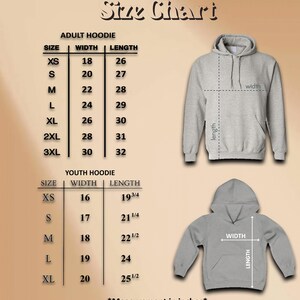 May include: A size chart for adult and youth hoodies, with measurements in inches. The adult hoodie sizes range from XS to 3XL, with widths from 18 to 30 inches and lengths from 26 to 32 inches. Youth sizes range from XS to XL.