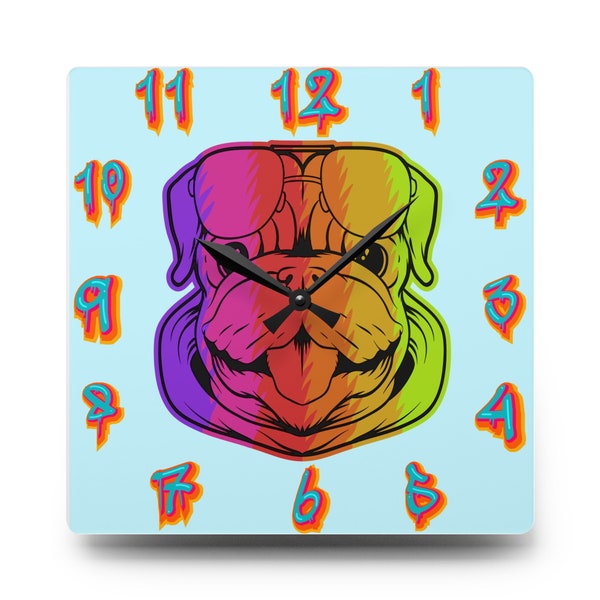 Psychedelic Bulldog Wall Clock - Colorful Pop Art Dog Design, Neon-Colored Numbers, Unique Home Decor, Fun Gift for Pet Lovers