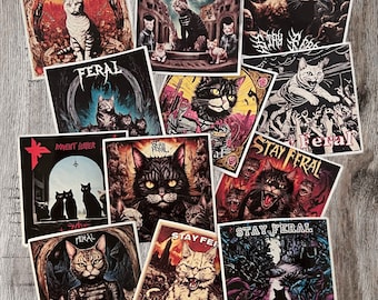 Cat Stickers with Metal Album Art. Cool cat sticker for waterbottle. Metal and cat sticker for decor.