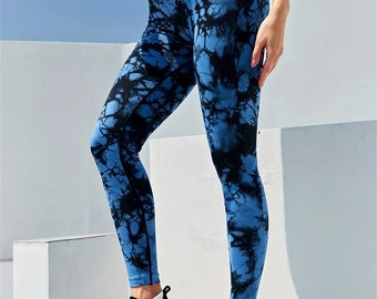 Y2k Leggings blu con fantasia casuale realizzati in nylon, vestibilità perfetta, nuovi leggings alla moda.