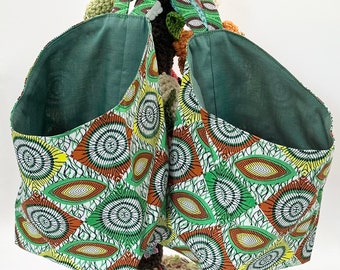 Pair of Small Hanging Storage Baskets in an ankara inspired green, brown, white and yellow print with green lining