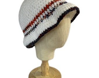 Crocheted Bucket Hat in white with orange, green, blue and grey variegated stripes - Size Large