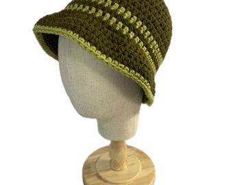 Crocheted Bucket Hat in green with light green stripes - Size Regular