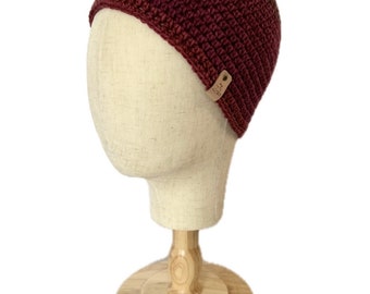 Large Adult beanie in a brown and burgundy variegated yarn