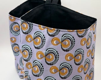 Pair of Medium-Sized Hanging Storage Baskets in a lilac, gold and black Ankara fabric