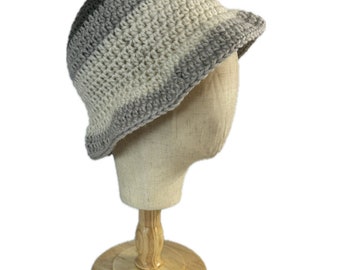 Crocheted Bucket Hat in variegated greys and cream - Size Large
