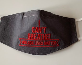 Reusable cotton Embroidered Adults Face Mask in solid grey - Black Lives Matter