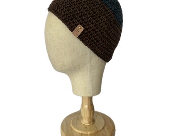 Regular sized beanie in Brown and Blue variegated yarn