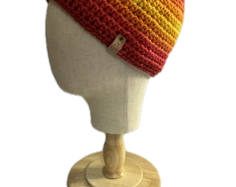 Sunset beanie in a large - yellow, orange, pink, red and purple variegated yarn