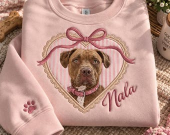 Custom Embroidered Pet Portrait Sweatshirt, Cottagecore Applique Crewneck (65% Cotton)