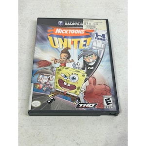 May include: A Nintendo GameCube video game case for Nicktoons Unite! featuring characters like SpongeBob SquarePants, Jimmy Neutron, and Danny Phantom. The game is rated "E" for Everyone and supports 1-4 players.