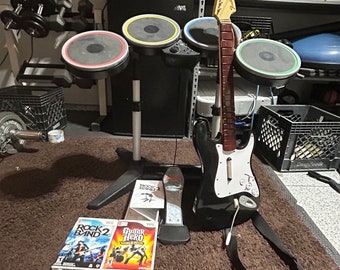 Wii RockBand Drum Set w/Fender Guitar, Pedal, Drum Sticks & 2 Games No Dongles