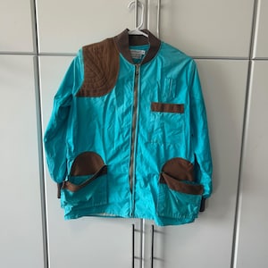 Chaqueta de tiro deportiva Vintage Back Fence, color turquesa, azul y marrón, ante, talla pequeña.
