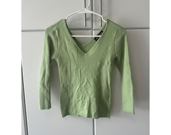 Vintage Takeout Y2K Ribbed V-Neck Sweater Sage Green 3/4 Sleeve Top Medium