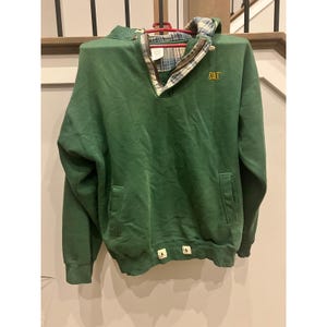 Vintage Caterpillar Green Quarter Zip Hoodie Plaid Lined Mens Medium Sweatshirt image 1