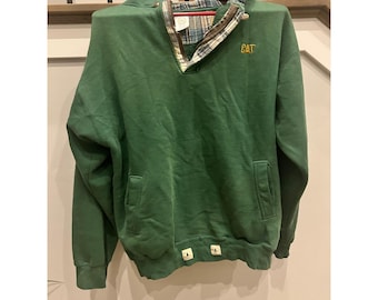 Vintage Caterpillar Green Quarter Zip Hoodie Plaid Lined Mens Medium Sweatshirt