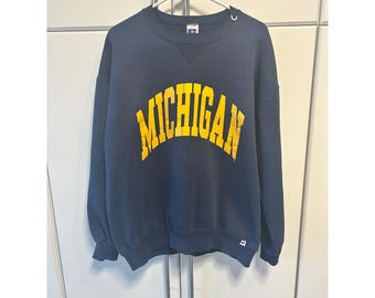 Felpa vintage Russell Athletic Michigan, taglia XL, blu navy, Made in USA, anni '90, girocollo.