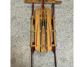 Vintage Sears Wooden Snow Sled Floating Steering Red Metal Runners 85011 Kids