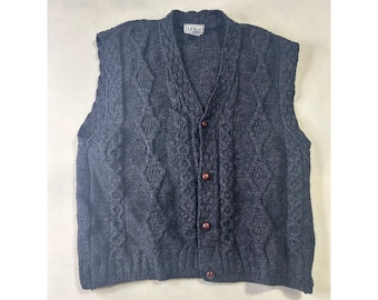 LL Bean Vintage Wool Cable Knit Cardigan Sweater Vest Mens Large Gray Ireland