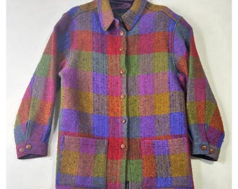 Studio Donegal Handwoven Wool Jacket Multicolor Plaid Tweed Coat Made in Ireland