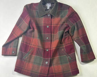 Pendleton Originals Plaid Wool Jacket Corduroy Collar Red Green USA Made Large