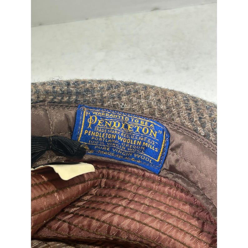 Pendleton Brown Plaid 100% Virgin Wool Bucket Hat Mens Large Vintage Made in USA image 7