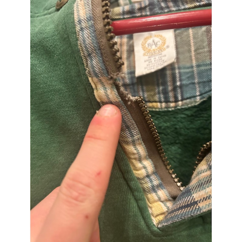 Vintage Caterpillar Green Quarter Zip Hoodie Plaid Lined Mens Medium Sweatshirt image 3