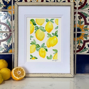 Arte del limone, pittura di limoni ad acquerello, pittura astratta di agrumi, pittura ad acquerello di limoni dipinta a mano, motivo di agrumi, arte da cucina