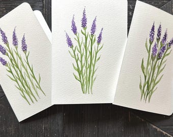 Tarjetas de acuarela de lavanda hechas a mano, tarjetas de agradecimiento florales pintadas a mano, tarjetas botánicas originales, tarjetas de felicitación de verano sencillas,