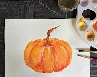 Halloweenmålning, höstpumpamålning, säsongsbetonad höstkonst, kuslig säsongskonst, original akvarellpumpa, höstheminredning, stugkärna