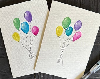 Tarjetas de cumpleaños con globos de acuarela pintadas a mano, tarjetas artísticas originales, set de regalo de cumpleaños, tarjetas de cumpleaños de acuarela hechas a mano, tarjetas de felicitación
