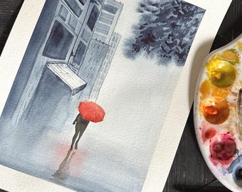 Original Watercolor Painting - Red Umbrella in Rain, Sophisticated Wall Art, Urban Scene, Cityscape, Rainy Day Art