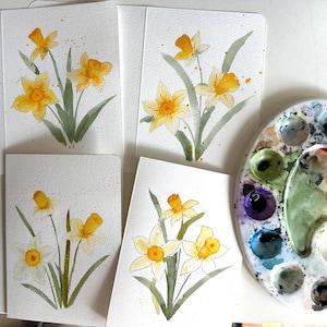 Handgemachte einfache Sommerkarten, Grußkarten mit Aquarell Narzissen, Dankeskarte, Grußkarten für jeden Anlass, Handgemachte Geburtstagskarten, Handgemalte Karten