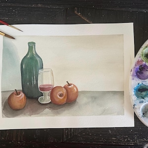 Arte murale, arredamento per la casa, natura morta con acquerello, bottiglia di vino e mele, arte del vino, arredamento per la cucina