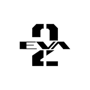 May include: Black graphic design featuring the word "EVA" and the number "2" in a bold, geometric font. The design is set against a clean white background, creating a striking contrast.