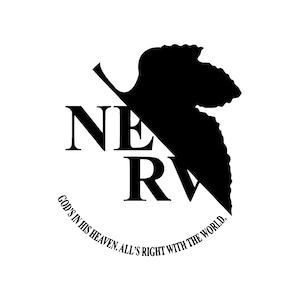 May include: Black and white logo with the word "NERV" in a stylized font. A leaf shape is behind the word, and the text "God's in his heaven, all's right with the world." is curved around the bottom.