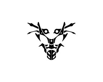 May include: Black and white abstract design of a stylized creature with sharp angles and a symmetrical shape.