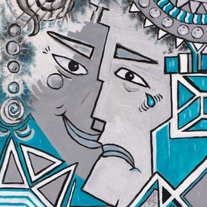 May include: Abstract painting featuring two faces, one smiling and one crying, in shades of grey and teal. The background includes geometric shapes and swirls. The painting is signed "Y.Mina 19.12.2023".