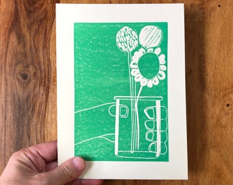 Green| Handing Over the Flowers| Block Print | Handprinted | Lino Print