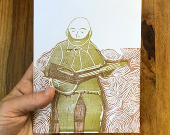 Banjo Player |  Handprinted Lino Cut Blank Card | Block Print Card | Free US Shipping