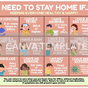 May include: A peach-colored poster with the text "I NEED TO STAY HOME IF..." and illustrations of various symptoms. The poster lists reasons to stay home, such as vomiting, fever, diarrhea, and a bad cough.