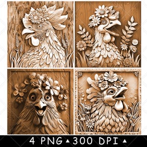 Testa di pollo felice, fiore, gallo da cortile, floreale, 3d, file laser, sottobicchiere, brucia, scala di grigi, ardesia, immagine PNG, incisione, nero, bianco, legno, CO2, CNC