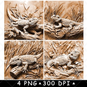 Bearded Dragon Scene Pogona Lizard Reptile Wildlife 3d Laser File Coaster Burn Grayscale Slate PNG Image Engrave Black White Etch CO2 Cnc
