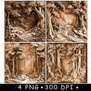 Cena de floresta, trilha da floresta, árvores imponentes, floresta tropical, arquivo a laser 3D, montanha-russa, queima de ardósia em tons de cinza, imagem PNG, gravação em preto e branco, gravação em CO2 CNC