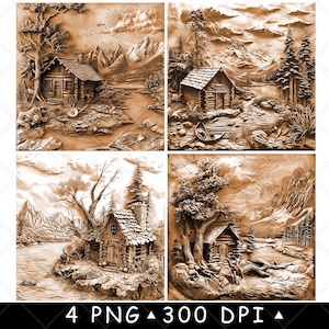 Rustieke blokhut River Mountain Wood Cottage Retreat 3D-laserbestand Onderzetter branden grijstinten leisteen PNG-afbeelding graveren zwart wit etsen CO2 CNC