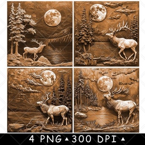 Alce Wapiti Grande Cervo Caribù Lago Scena Lunare Fauna Selvatica File Laser 3d Sottobicchiere Brucia Scala di Grigi Ardesia Immagine PNG Incisione Nero Bianco Legno CO2 Cnc