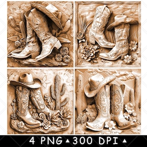 Kapelusz kowbojski skórzane buty Western Desert Rodeo Cowgirl 3d Laser File Coaster Burn Grayscale Slate PNG Obraz Graweruj Czarny Biały Etch CO2 Cnc