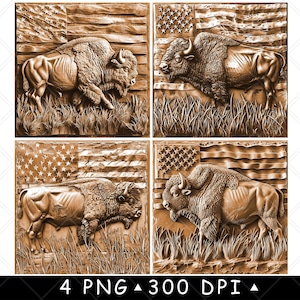 Bison taureau buffle des prairies faune drapeau américain fichier laser 3D sous-verre graver en niveaux de gris ardoise image PNG graver noir blanc gravure CO2 Cnc