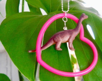 dinosaur love necklace - brontosaurus - hot pink heart pendant